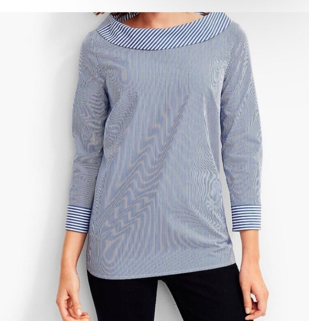 Talbots Boat Neck Blue Stripe 3/4‎ Sleeve Nautical Preppy Top Womens Small
